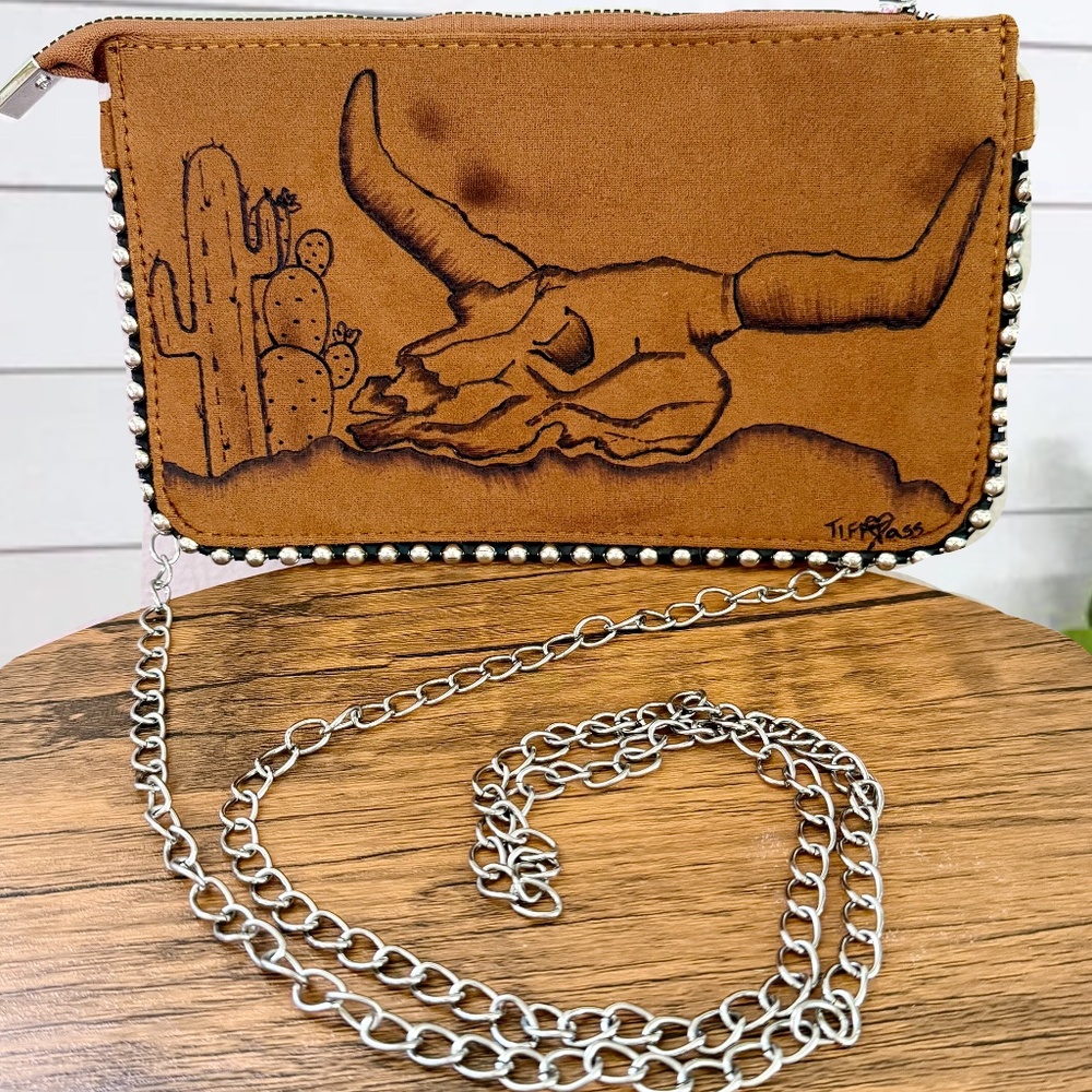 Hand Burned Cow Skull Cross Body Purse, Burned Purse
